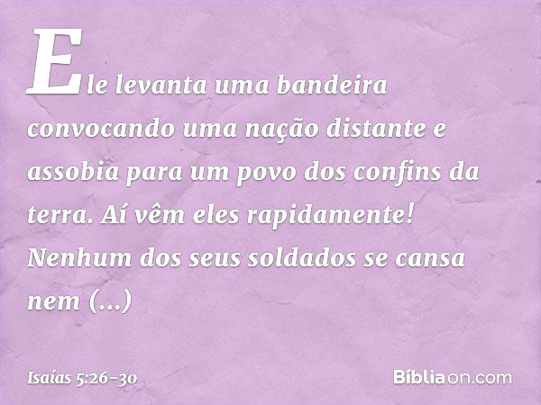 Ele levanta uma bandeira
convocando uma nação distante
e assobia para um povo
dos confins da terra.
Aí vêm eles rapidamente! Nenhum dos seus soldados
se cansa n