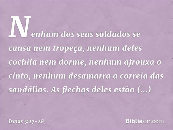 Nenhum dos seus soldados
se cansa nem tropeça,
nenhum deles cochila nem dorme,
nenhum afrouxa o cinto,
nenhum desamarra a correia das sandálias. As flechas dele