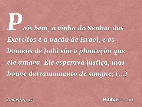 Pois bem,
a vinha do Senhor dos Exércitos
é a nação de Israel,
e os homens de Judá
são a plantação que ele amava.
Ele esperava justiça,
mas houve derramamento d