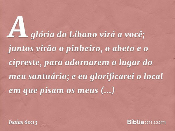 "A glória do Líbano virá a você;
juntos virão o pinheiro, o abeto
e o cipreste,
para adornarem o lugar do meu santuário;
e eu glorificarei o local
em que pisam 