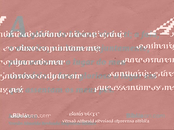 A glória do Líbano virá a ti; a faia, o olmeiro, e o buxo conjuntamente, para ornarem o lugar do meu santuário; e farei glorioso o lugar em que assentam os meus