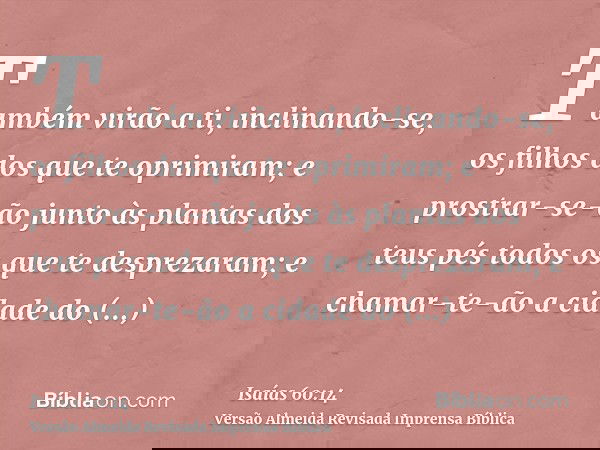 Também virão a ti, inclinando-se, os filhos dos que te oprimiram; e prostrar-se-ão junto às plantas dos teus pés todos os que te desprezaram; e chamar-te-ão a c