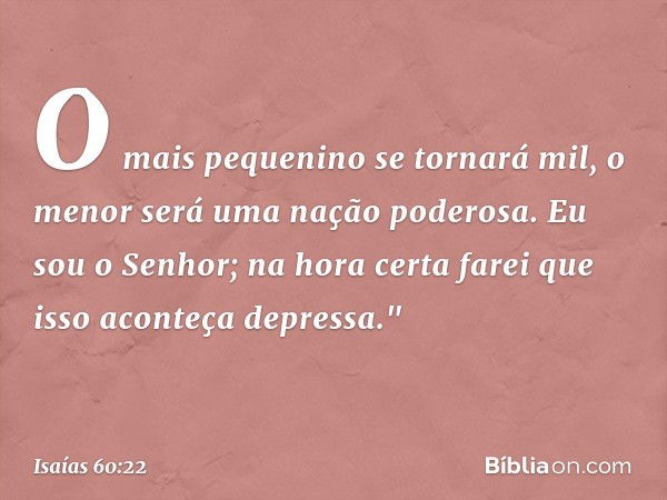 O mais pequenino se tornará mil,
o menor será uma nação poderosa.
Eu sou o Senhor;
na hora certa farei que isso aconteça depressa." -- Isaías 60:22