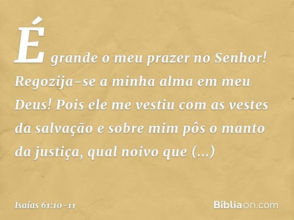 É grande o meu prazer no Senhor!
Regozija-se a minha alma em meu Deus!
Pois ele me vestiu
com as vestes da salvação
e sobre mim pôs o manto da justiça,
qual noi