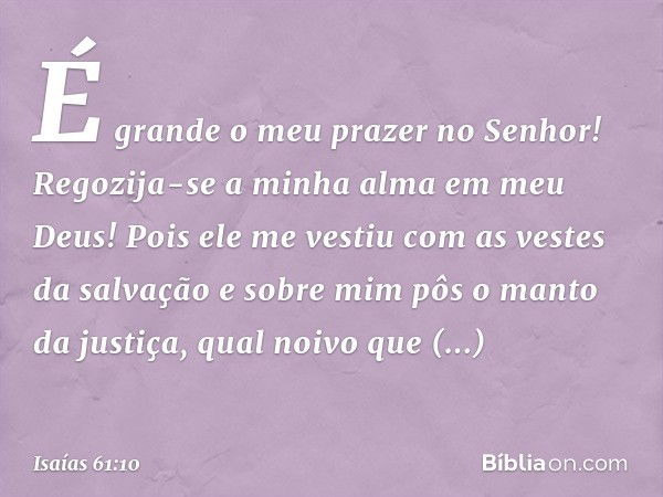 É grande o meu prazer no Senhor!
Regozija-se a minha alma em meu Deus!
Pois ele me vestiu
com as vestes da salvação
e sobre mim pôs o manto da justiça,
qual noi