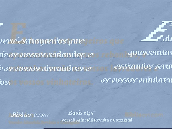 E haverá estrangeiros que apascentarão os vossos rebanhos, e estranhos serão os vossos lavradores e os vossos vinhateiros.