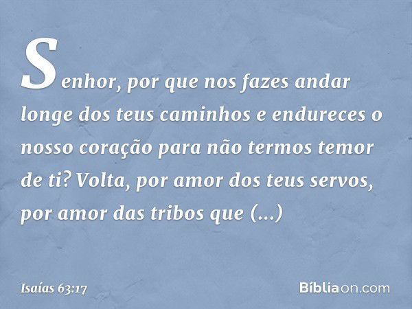 Senhor, por que nos fazes andar
longe dos teus caminhos
e endureces o nosso coração
para não termos temor de ti?
Volta, por amor dos teus servos,
por amor das t