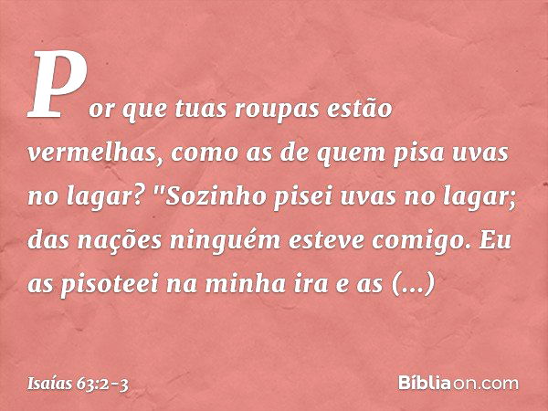 Por que tuas roupas estão vermelhas,
como as de quem pisa uvas no lagar? "Sozinho pisei uvas no lagar;
das nações ninguém esteve comigo.
Eu as pisoteei na minha