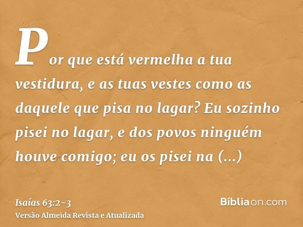 Por que está vermelha a tua vestidura, e as tuas vestes como as daquele que pisa no lagar?Eu sozinho pisei no lagar, e dos povos ninguém houve comigo; eu os pis