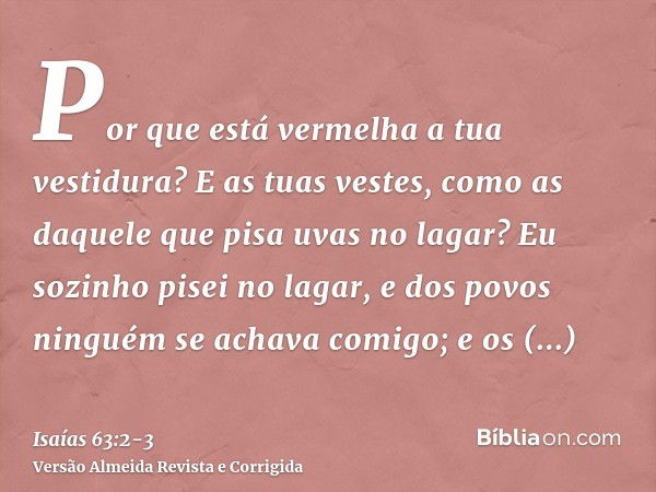 Por que está vermelha a tua vestidura? E as tuas vestes, como as daquele que pisa uvas no lagar?Eu sozinho pisei no lagar, e dos povos ninguém se achava comigo;