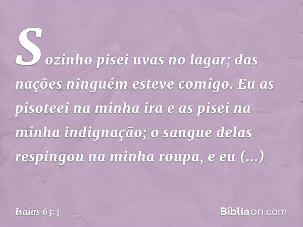 "Sozinho pisei uvas no lagar;
das nações ninguém esteve comigo.
Eu as pisoteei na minha ira
e as pisei na minha indignação;
o sangue delas respingou
na minha ro