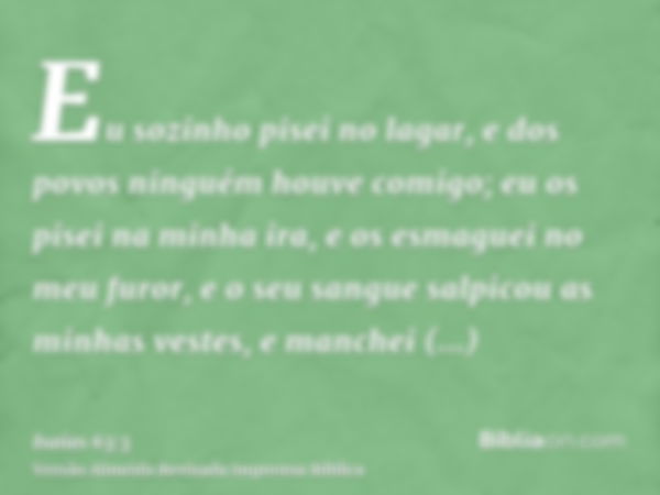 Eu sozinho pisei no lagar, e dos povos ninguém houve comigo; eu os pisei na minha ira, e os esmaguei no meu furor, e o seu sangue salpicou as minhas vestes, e m