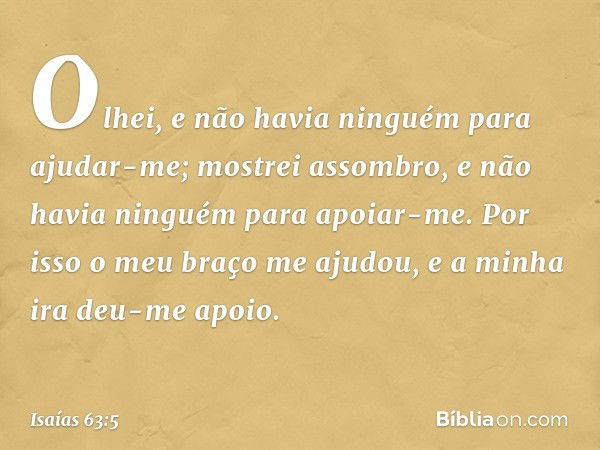 Olhei, e não havia ninguém
para ajudar-me;
mostrei assombro,
e não havia ninguém para apoiar-me.
Por isso o meu braço me ajudou,
e a minha ira deu-me apoio. -- 