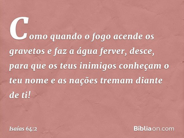 Como quando o fogo acende
os gravetos e faz a água ferver,
desce, para que os teus inimigos
conheçam o teu nome
e as nações tremam diante de ti! -- Isaías 64:2