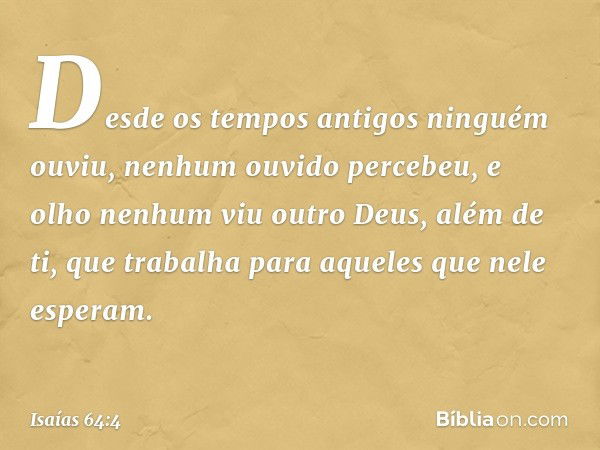 Desde os tempos antigos ninguém ouviu,
nenhum ouvido percebeu,
e olho nenhum viu outro Deus, além de ti,
que trabalha para aqueles
que nele esperam. -- Isaías 6