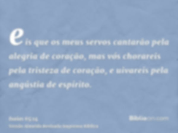 eis que os meus servos cantarão pela alegria de coração, mas vós chorareis pela tristeza de coração, e uivareis pela angústia de espírito.