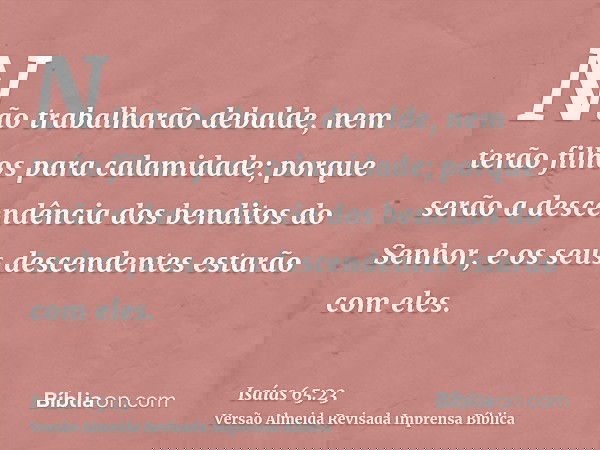 Não trabalharão debalde, nem terão filhos para calamidade; porque serão a descendência dos benditos do Senhor, e os seus descendentes estarão com eles.