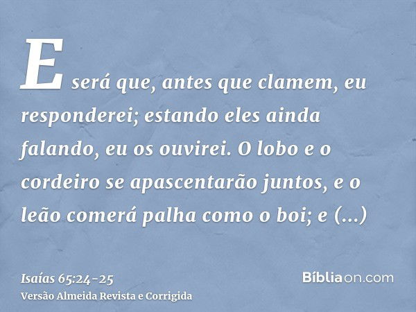 E será que, antes que clamem, eu responderei; estando eles ainda falando, eu os ouvirei.O lobo e o cordeiro se apascentarão juntos, e o leão comerá palha como o