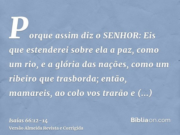 Porque assim diz o SENHOR: Eis que estenderei sobre ela a paz, como um rio, e a glória das nações, como um ribeiro que trasborda; então, mamareis, ao colo vos t