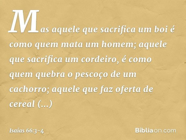 Mas aquele que sacrifica um boi
é como quem mata um homem;
aquele que sacrifica um cordeiro,
é como quem quebra
o pescoço de um cachorro;
aquele que faz oferta 