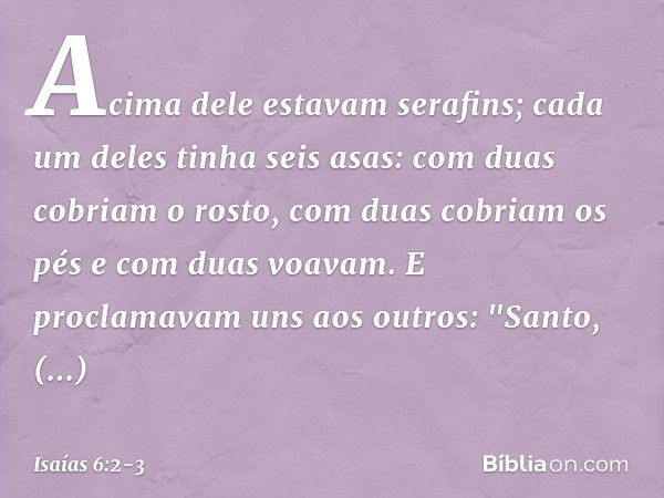 Acima dele estavam serafins; cada um deles tinha seis asas: com duas cobriam o rosto, com duas cobriam os pés e com duas voavam. E proclamavam uns aos outros:
"