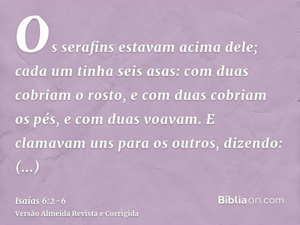 Os serafins estavam acima dele; cada um tinha seis asas: com duas cobriam o rosto, e com duas cobriam os pés, e com duas voavam.E clamavam uns para os outros, d