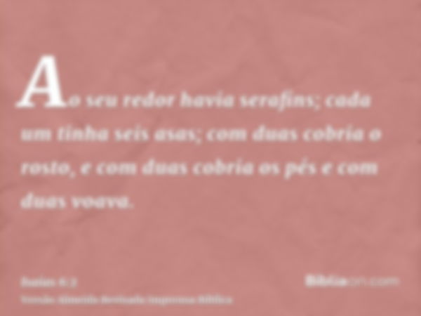 Ao seu redor havia serafins; cada um tinha seis asas; com duas cobria o rosto, e com duas cobria os pés e com duas voava.