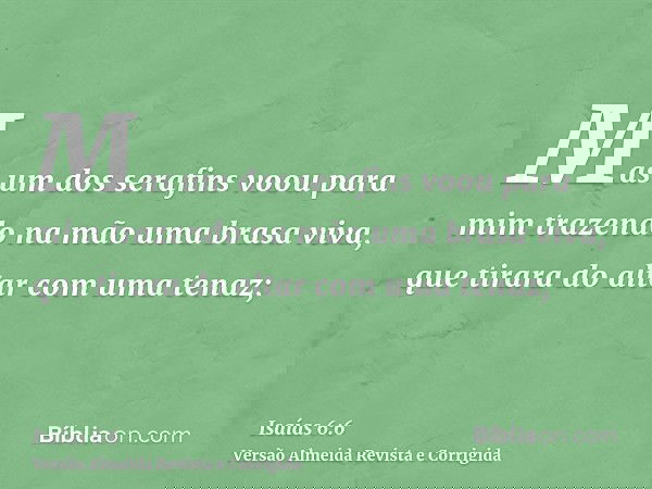 Mas um dos serafins voou para mim trazendo na mão uma brasa viva, que tirara do altar com uma tenaz;