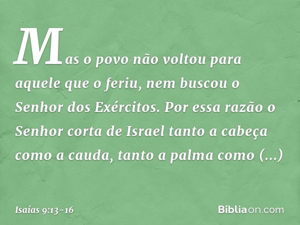 Mas o povo não voltou
para aquele que o feriu,
nem buscou o Senhor dos Exércitos. Por essa razão o Senhor corta de Israel
tanto a cabeça como a cauda,
tanto a p