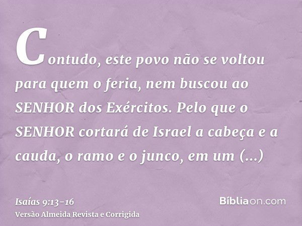 Contudo, este povo não se voltou para quem o feria, nem buscou ao SENHOR dos Exércitos.Pelo que o SENHOR cortará de Israel a cabeça e a cauda, o ramo e o junco,