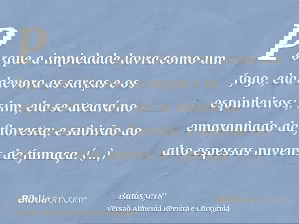 Porque a impiedade lavra como um fogo, ela devora as sarças e os espinheiros; sim, ela se ateará no emaranhado da floresta; e subirão ao alto espessas nuvens de