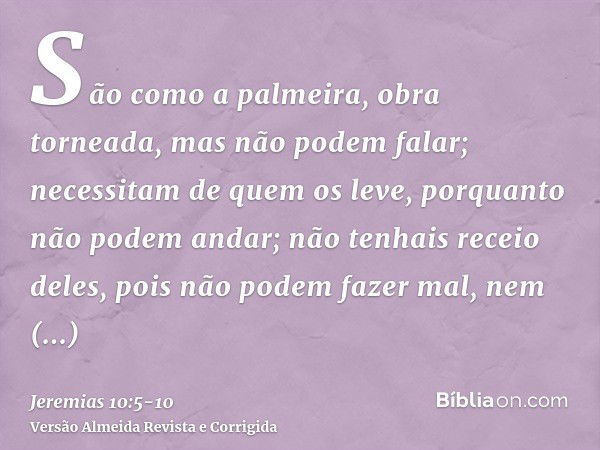 São como a palmeira, obra torneada, mas não podem falar; necessitam de quem os leve, porquanto não podem andar; não tenhais receio deles, pois não podem fazer m