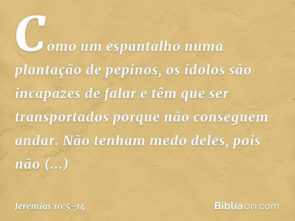 Como um espantalho
numa plantação de pepinos,
os ídolos são incapazes de falar
e têm que ser transportados
porque não conseguem andar.
Não tenham medo deles,
po