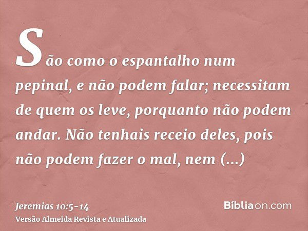 São como o espantalho num pepinal, e não podem falar; necessitam de quem os leve, porquanto não podem andar. Não tenhais receio deles, pois não podem fazer o ma