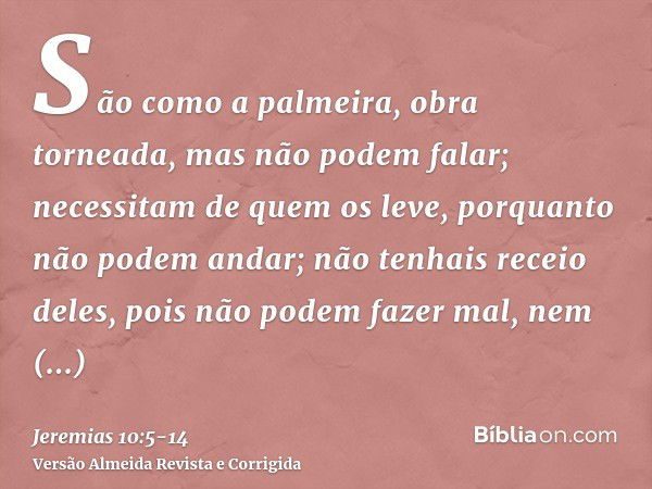 São como a palmeira, obra torneada, mas não podem falar; necessitam de quem os leve, porquanto não podem andar; não tenhais receio deles, pois não podem fazer m