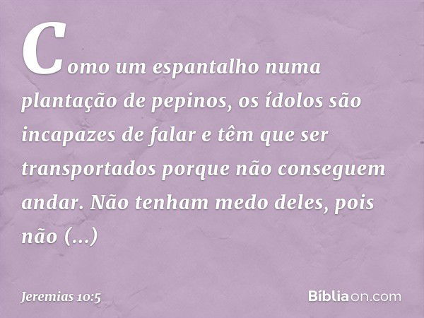 Como um espantalho
numa plantação de pepinos,
os ídolos são incapazes de falar
e têm que ser transportados
porque não conseguem andar.
Não tenham medo deles,
po