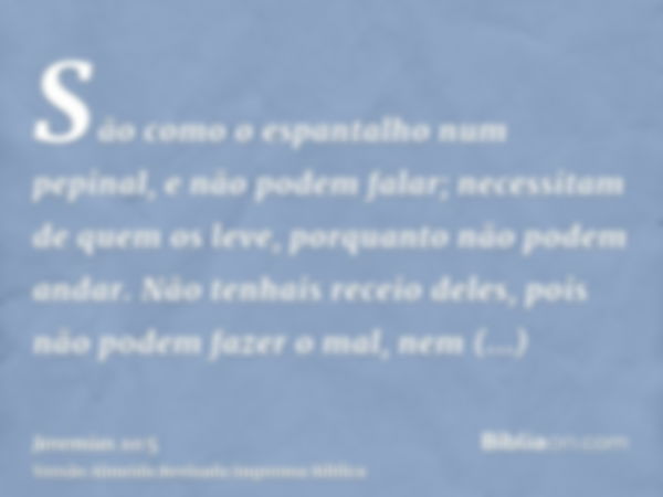 São como o espantalho num pepinal, e não podem falar; necessitam de quem os leve, porquanto não podem andar. Não tenhais receio deles, pois não podem fazer o ma