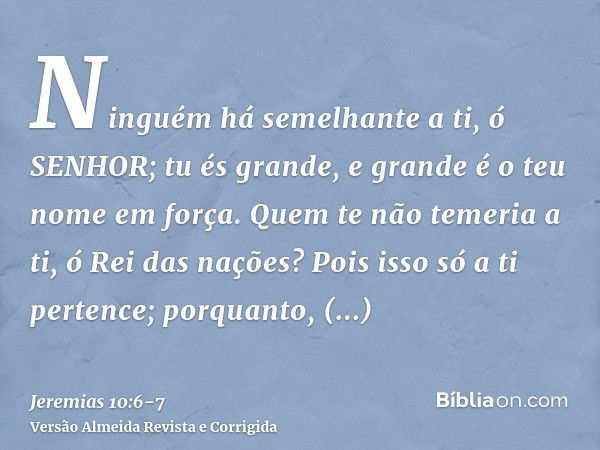 Ninguém há semelhante a ti, ó SENHOR; tu és grande, e grande é o teu nome em força.Quem te não temeria a ti, ó Rei das nações? Pois isso só a ti pertence; porqu