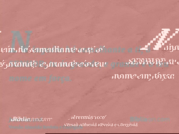 Ninguém há semelhante a ti, ó SENHOR; tu és grande, e grande é o teu nome em força.