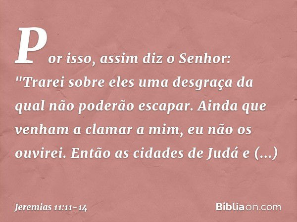 Por isso, assim diz o Senhor: "Trarei sobre eles uma desgraça da qual não poderão escapar. Ainda que venham a clamar a mim, eu não os ouvirei. Então as cidades 