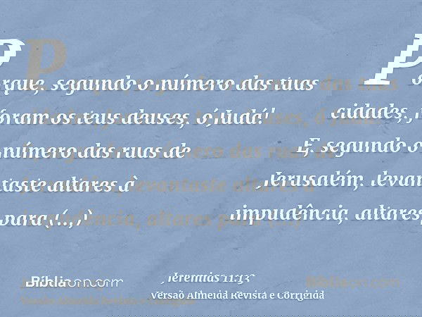 Porque, segundo o número das tuas cidades, foram os teus deuses, ó Judá! E, segundo o número das ruas de Jerusalém, levantaste altares à impudência, altares par