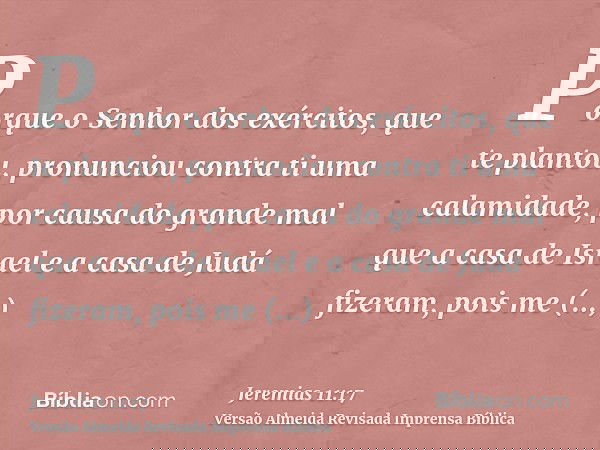 Porque o Senhor dos exércitos, que te plantou, pronunciou contra ti uma calamidade, por causa do grande mal que a casa de Israel e a casa de Judá fizeram, pois
