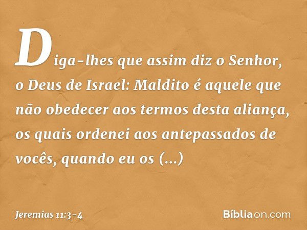 Diga-lhes que assim diz o Senhor, o Deus de Israel: Maldito é aquele que não obedecer aos termos desta aliança, os quais ordenei aos antepassados de vocês, quan