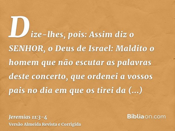 Dize-lhes, pois: Assim diz o SENHOR, o Deus de Israel: Maldito o homem que não escutar as palavras deste concerto,que ordenei a vossos pais no dia em que os tir