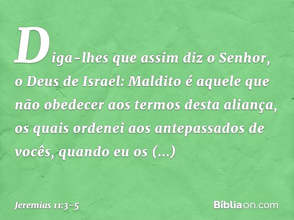 Diga-lhes que assim diz o Senhor, o Deus de Israel: Maldito é aquele que não obedecer aos termos desta aliança, os quais ordenei aos antepassados de vocês, quan