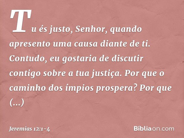 Tu és justo, Senhor,
quando apresento
uma causa diante de ti.
Contudo, eu gostaria de discutir contigo
sobre a tua justiça.
Por que o caminho
dos ímpios prosper