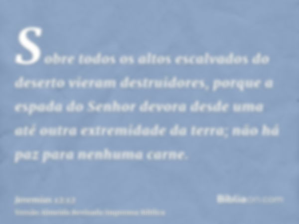 Sobre todos os altos escalvados do deserto vieram destruidores, porque a espada do Senhor devora desde uma até outra extremidade da terra; não há paz para nenhu