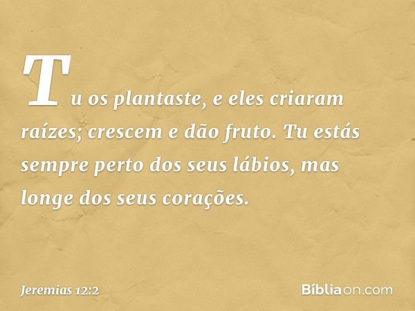 Tu os plantaste, e eles criaram raízes;
crescem e dão fruto.
Tu estás sempre perto dos seus lábios,
mas longe dos seus corações. -- Jeremias 12:2