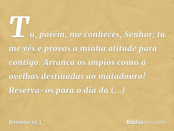 Tu, porém, me conheces, Senhor;
tu me vês e provas a minha atitude
para contigo.
Arranca os ímpios como a ovelhas
destinadas ao matadouro!
Reserva-os para o dia