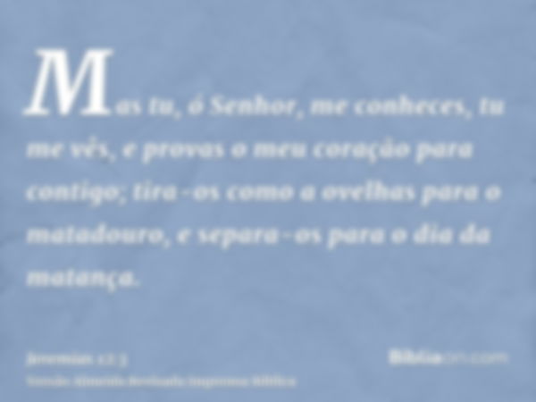 Mas tu, ó Senhor, me conheces, tu me vês, e provas o meu coração para contigo; tira-os como a ovelhas para o matadouro, e separa-os para o dia da matança.